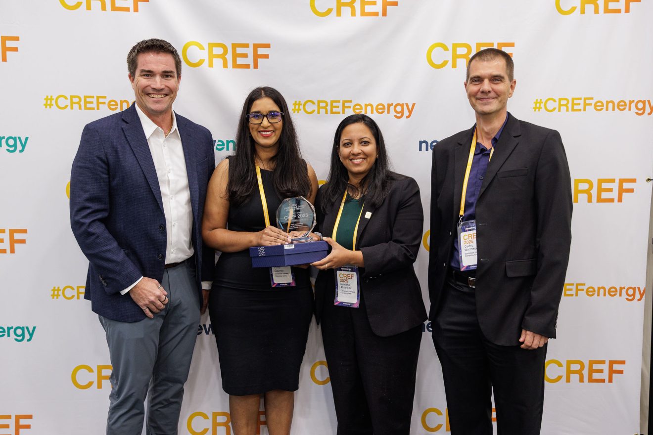 Four CUC team members smile while holding an award at the 2025 CREF Conference. From left to right: Sacha Tibbetts, Purdy Gouveia, Namitha Abraham, and Cedric Worthmann.